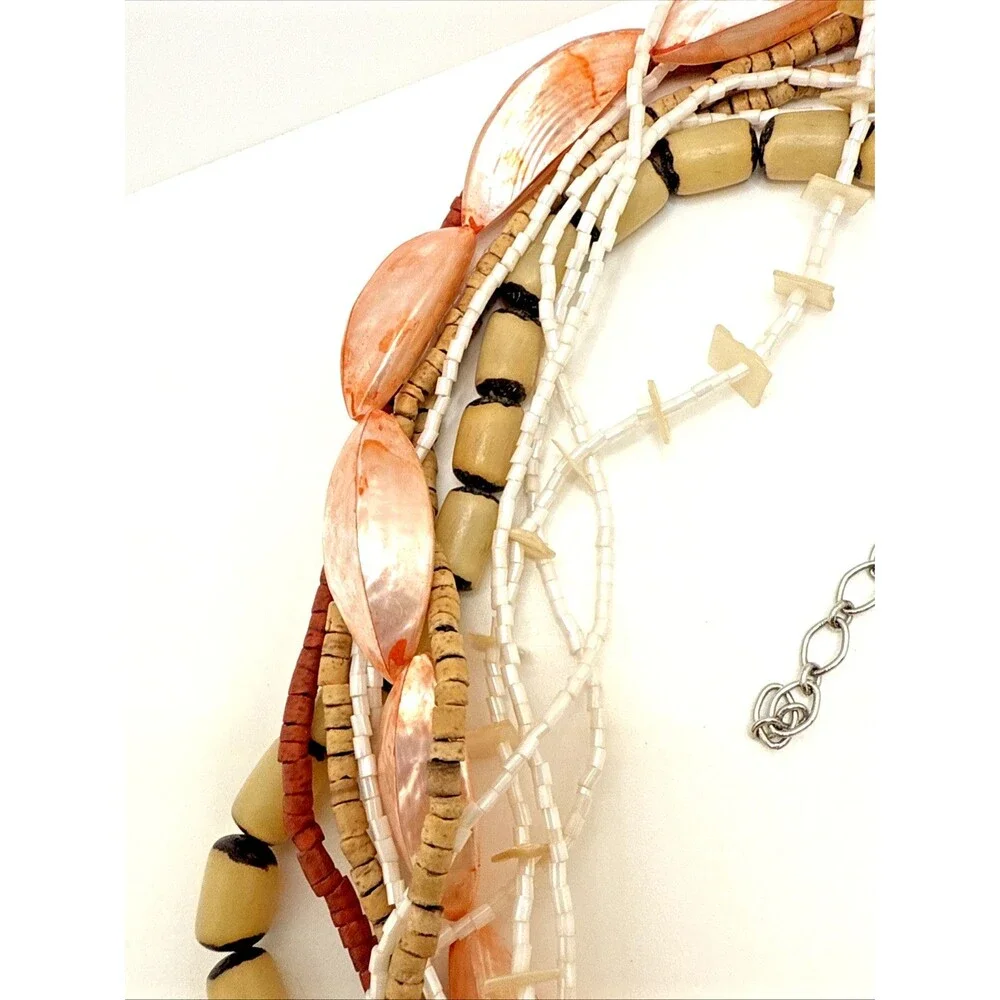 Boho Multi Strand Statement Necklace Pink Shell Beads Wood Tribal Pendant 18-20